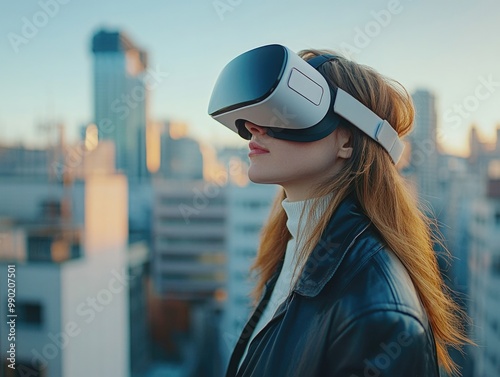 Woman in VR Headset in Cityscape