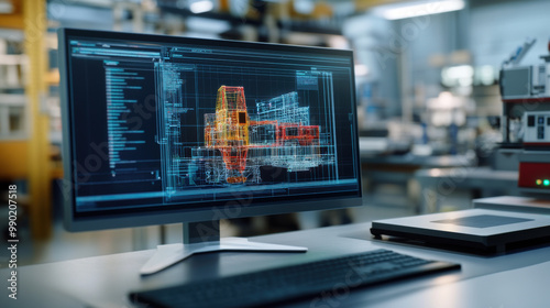 computer screen displays 3D model analysis with vibrant wireframe designs, showcasing advanced technology in modern workspace