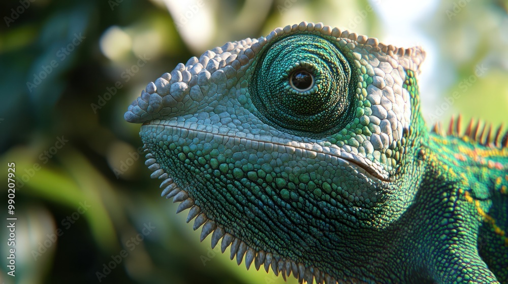 Fototapeta premium Green colored chameleon close up. Generative AI.
