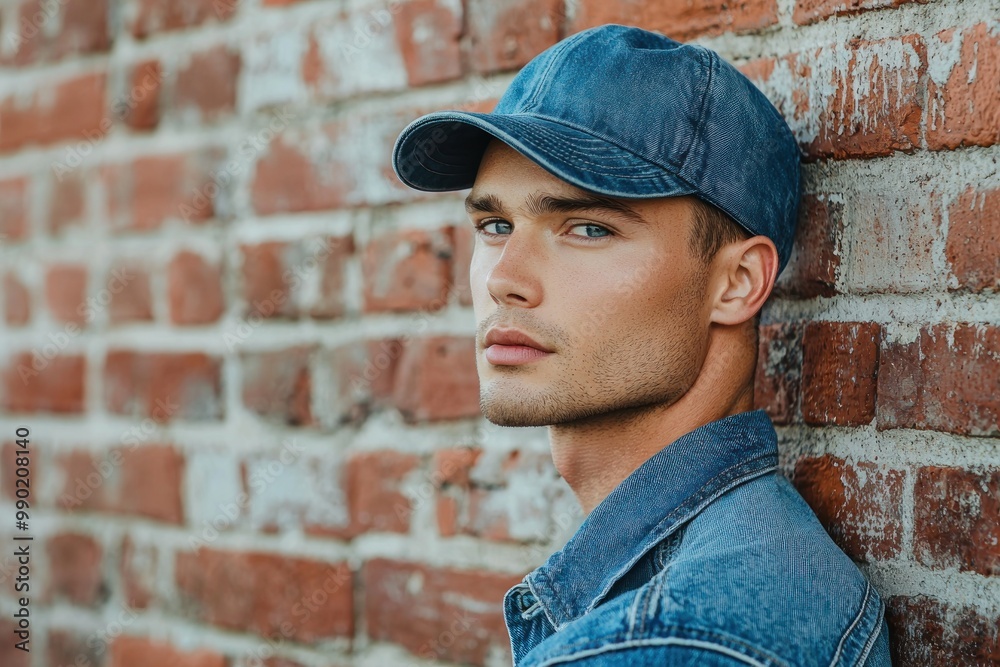 Portrait of a young handsome trendy man wearing a cap of blue jeans color Portrait of a young handsome trendy man wearing a cap of blue jeans color