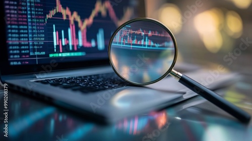 Magnifying Glass and Laptop with Statistics Charts. Analysis for Stock Market Research and Investment