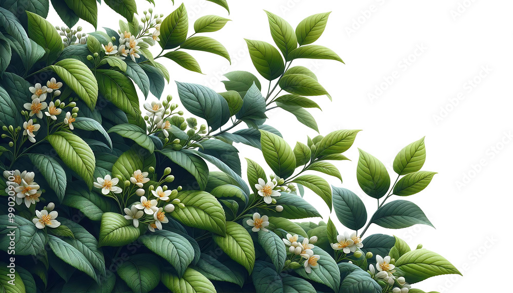 Fresh Green Leaves with Delicate White Flowers Fresh Green Leaves with Delicate White Flowers