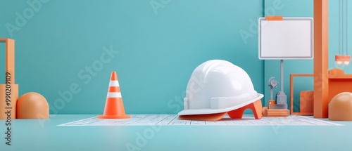 A white engineer's hard hat, an orange traffic cone, and a blueprint represent construction planning, with safety prioritized first in every step of the project. photo