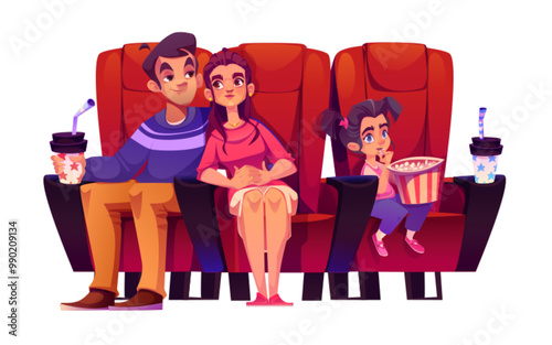 Family sitting in cinema red armchairs with popcorn and soda and watching film together. Cartoon vector illustration of young couple and little kid girl spectator on movie theatre hall chairs.
