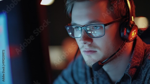 Man providing tech support in a call center photo