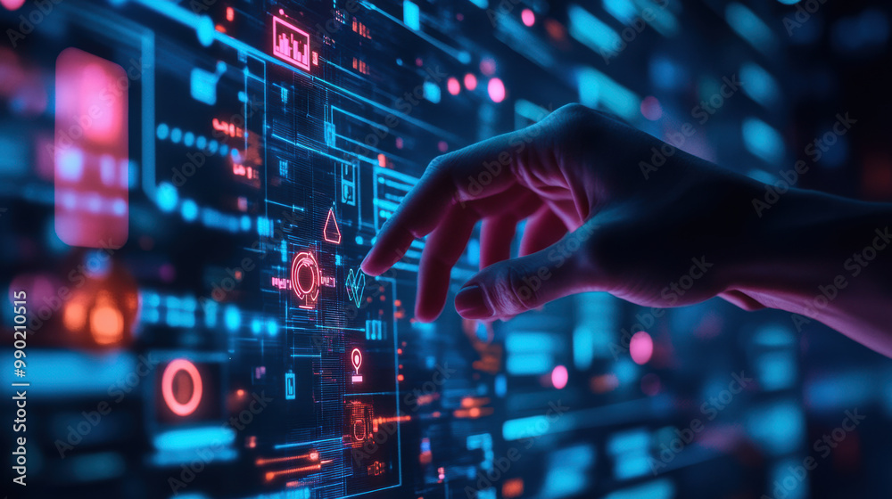 Fototapeta premium hand interacting with futuristic digital interface, showcasing vibrant colors and intricate designs. This image captures essence of technology and innovation in modern context