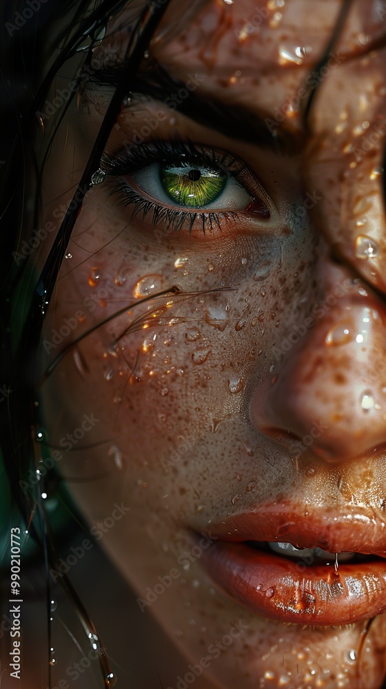 Close Up Portrait of a Woman with Green Eyes and Wet Skin Close Up Portrait of a Woman with Green Eyes and Wet Skin