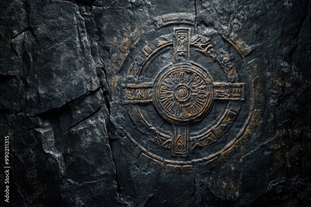 Obraz premium Carved stone texture with ancient symbols and deep engravings, worn by time