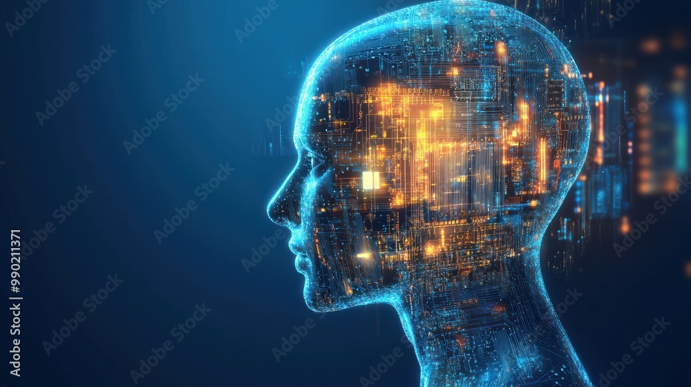 Realistic Artificial intelligence. Computer mind connections head. Human head with circuit board inside. Engineering concept. Technology web background. Virtual concept Realistic Artificial intelligence. Computer mind connections head. Human head with circuit board inside. Engineering concept. Technology web background. Virtual concept