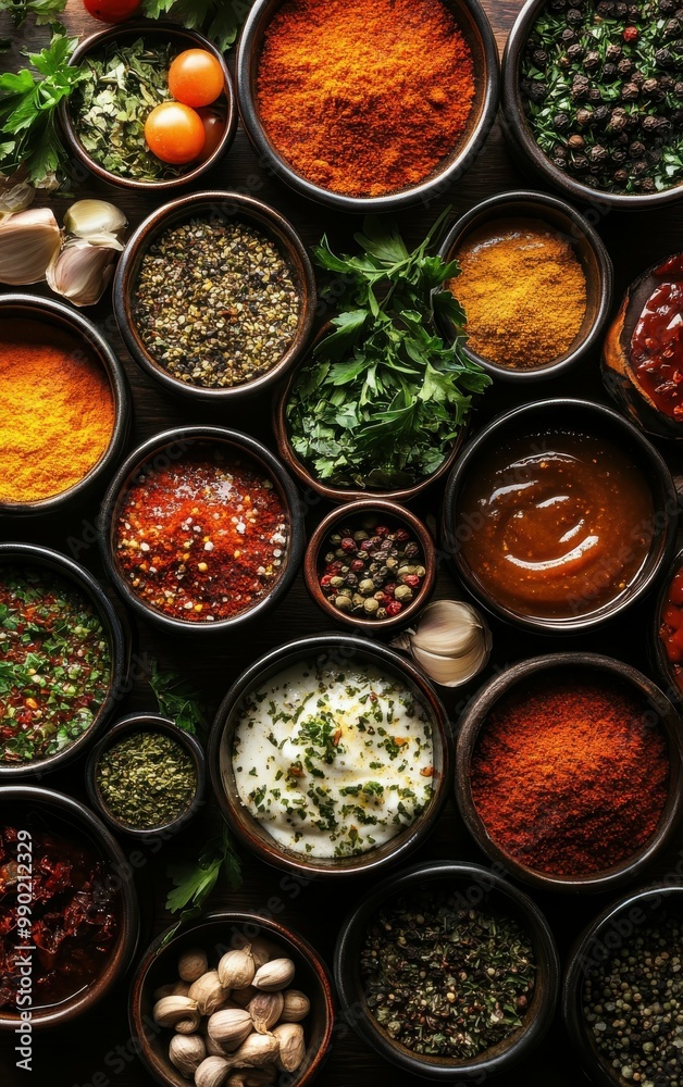 Variety of vibrant spices in bowls, top view Variety of vibrant spices in bowls, top view