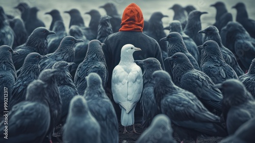 Standing out from the crowd , white bird standing between man gray birds, Generative AI illustration photo