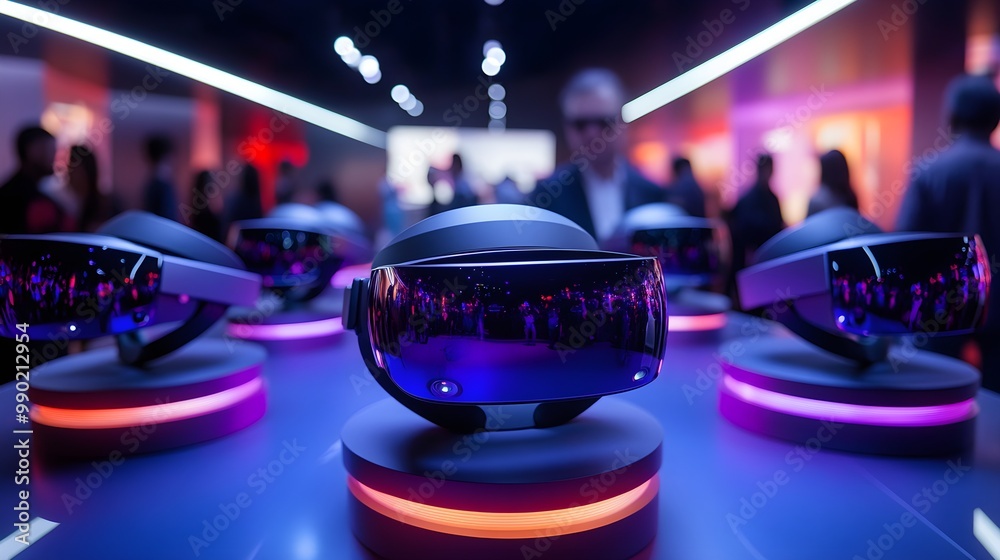 Obraz premium A ring of AR headsets showcased at a futuristic expo, surrounded by holographic displays of virtual worlds, sleek lighting accentuating the cutting-edge design