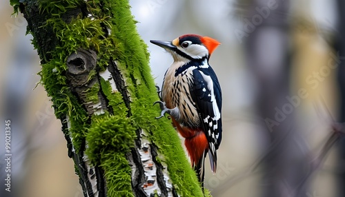 Great spotted woodpecker resting atop a moss-covered birch tree photo