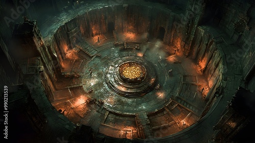 A sprawling circular dungeon, treasure chests overflowing with gold, surrounded by crumbling walls and ancient traps, deep underground in eerie silence