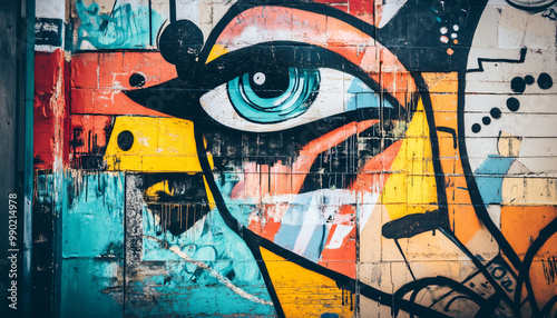 A graffiti-covered urban wall, showcasing vibrant colors, bold lines, and an edgy, artistic vibe