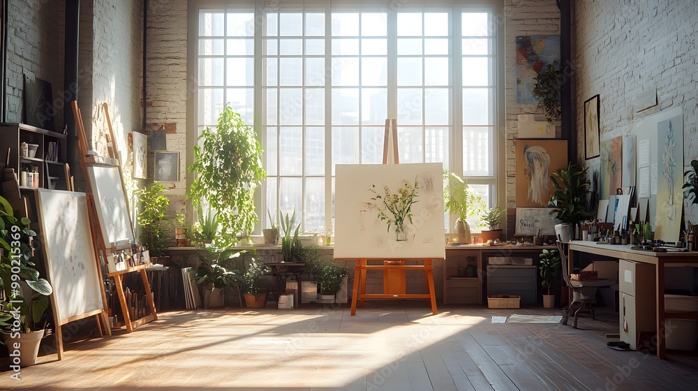 A sunlit circular studio, open and airy, with art easels, plants, and scattered materials, creating a peaceful, inspiring environment for creative projects A sunlit circular studio, open and airy, with art easels, plants, and scattered materials, creating a peaceful, inspiring environment for creative projects