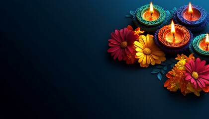 Colorful clay diya lamps with flowers on dark background, Diwali concept, Hindu festival of lights celebration. copyspace