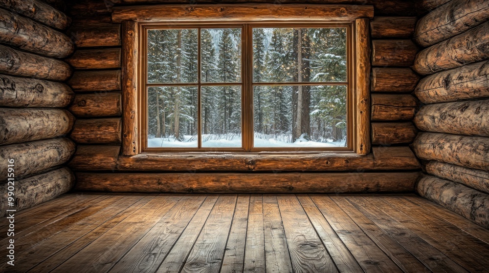 Inside a rustic log cabin, natural wooden beams frame a large window that reveals a serene snowy forest landscape bathed in soft winter light