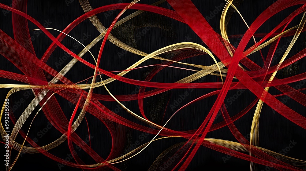 2D abstract line art with interwoven red and gold lines, sharp details, hyper real, high quality 2D abstract line art with interwoven red and gold lines, sharp details, hyper real, high quality