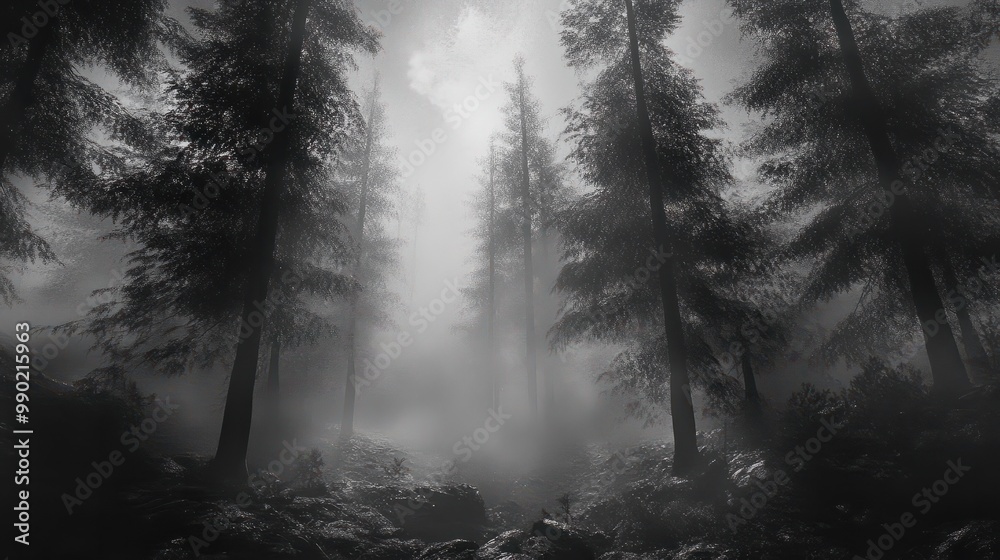 Obraz premium A black and white photo of a forest with fog, AI