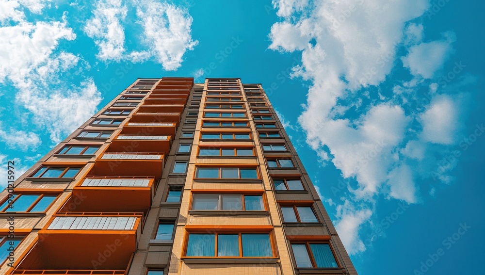 Bottom-up view of highrise glazed building with many glass with blue sky reflection background image Bottom-up view of highrise glazed building with many glass with blue sky reflection background image
