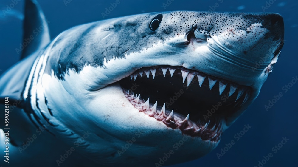 Naklejka premium A great white shark glides through the ocean, revealing its impressive jaws filled with sharp teeth. The vibrant blue water highlights its majestic presence in the marine environment