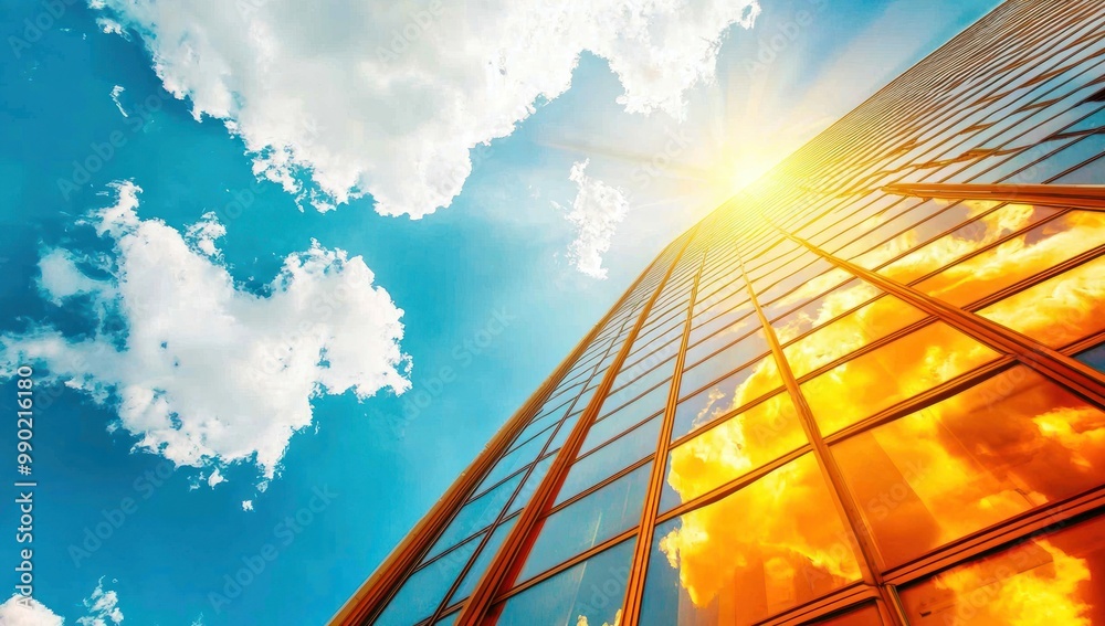 Bottom-up view of highrise glazed building with many glass with blue sky reflection background image Bottom-up view of highrise glazed building with many glass with blue sky reflection background image
