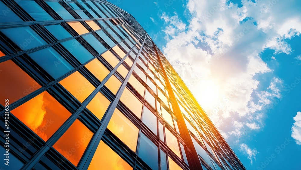 Bottom-up view of highrise glazed building with many glass with blue sky reflection background image Bottom-up view of highrise glazed building with many glass with blue sky reflection background image