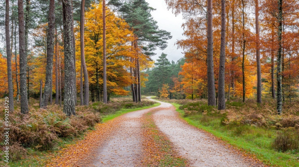 A peaceful winding path meanders through a forest filled with trees showcasing vibrant autumn colors of orange and yellow, inviting visitors for a nature walk A peaceful winding path meanders through a forest filled with trees showcasing vibrant autumn colors of orange and yellow, inviting visitors for a nature walk