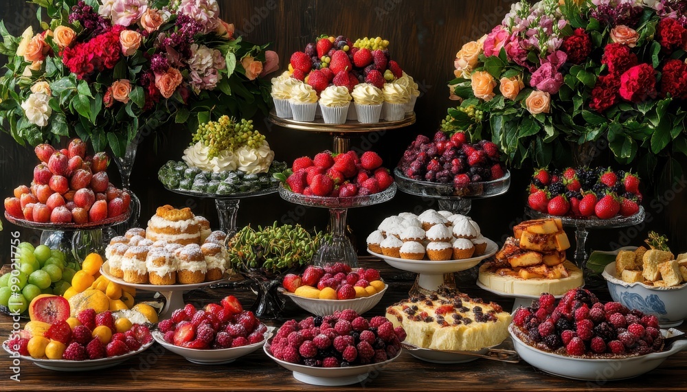 A vibrant display of assorted fruits and cupcakes surrounded by colorful flowers, perfect for events and celebrations. A vibrant display of assorted fruits and cupcakes surrounded by colorful flowers, perfect for events and celebrations.