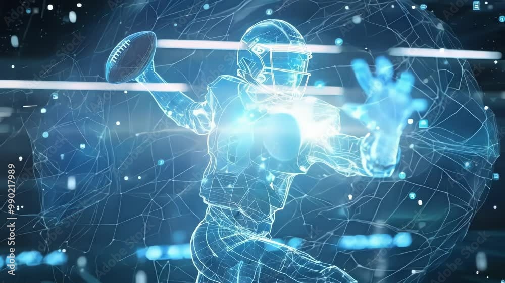 Blue hologram of an american football player throwing a pass in a dark stadium, conveying concepts of virtual reality and sports technology