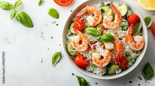 A delicious shrimp salad features fresh shrimp, rice, cucumbers, and cherry tomatoes, all garnished with aromatic basil leaves on a light surface