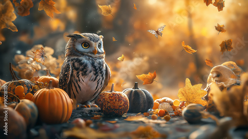 A stuffed owl is sitting on a table with pumpkins and leaves