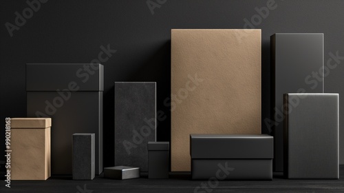 Wallpaper Mural A variety of sleek black and kraft boxes are artfully arranged against a dark backdrop, highlighting contemporary packaging design that inspires creativity and elegance in displays Torontodigital.ca