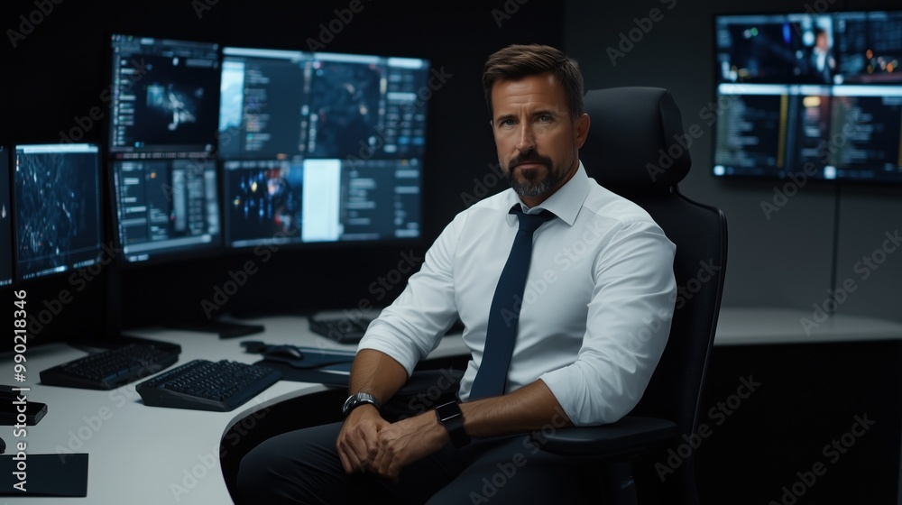 Fototapeta premium A man in a white shirt and tie sits confidently at a sleek workstation, analyzing cyber security data on several large monitors, showcasing a high-tech environment focused on digital safety