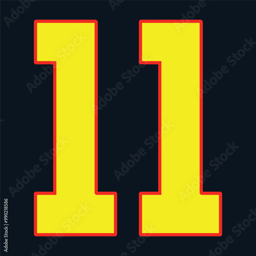 11 Classic Vintage Sport Jersey  Uniform numbers in black with a black outside contour line number on white background for American football, Baseball and Basketball or soccer for shirt