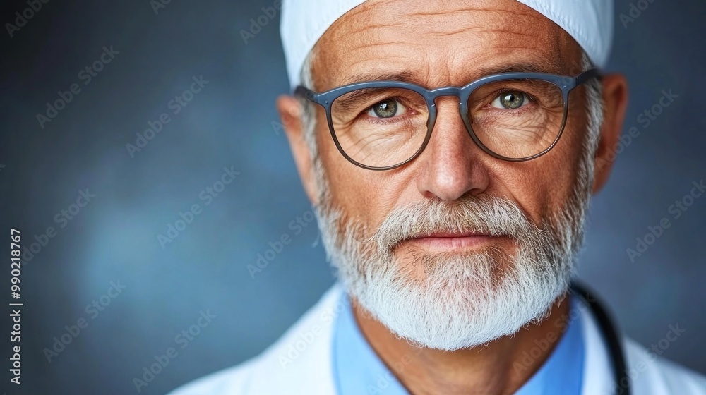 A senior doctor with a well-groomed beard and glasses is shown in a white coat. The professional exudes confidence and expertise in a clinical environment A senior doctor with a well-groomed beard and glasses is shown in a white coat. The professional exudes confidence and expertise in a clinical environment