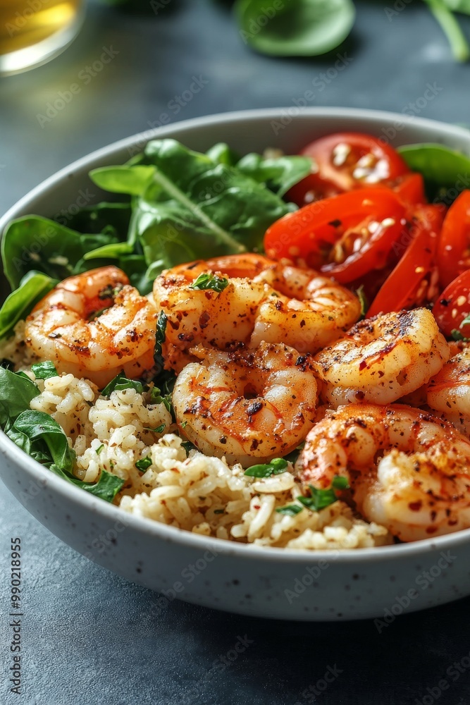 Grilled shrimp are beautifully arranged atop fluffy rice, accompanied by vibrant cherry tomatoes and fresh spinach, creating a colorful, healthy meal Grilled shrimp are beautifully arranged atop fluffy rice, accompanied by vibrant cherry tomatoes and fresh spinach, creating a colorful, healthy meal