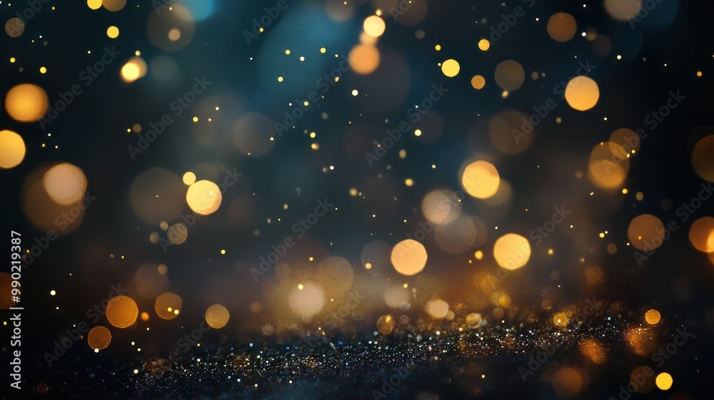 Abstract festive dark background with gold glitter and bokeh. New year, birthday, holidays celebration. Abstract festive dark background with gold glitter and bokeh. New year, birthday, holidays celebration.