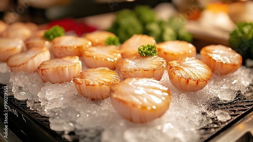 Freshly prepared scallops on ice, showcasing a delicious seafood display ideal for culinary presentations. photo