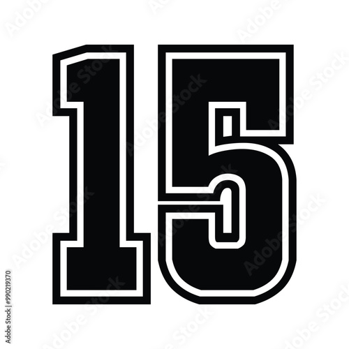 15 Classic Vintage Sport Jersey  Uniform numbers in black with a black outside contour line number on white background for American football, Baseball and Basketball or soccer for shirt