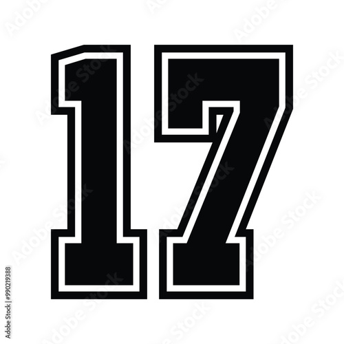 17 Classic Vintage Sport Jersey / Uniform numbers in black with a black outside contour line number on white background for American football, Baseball and Basketball or soccer for shirt