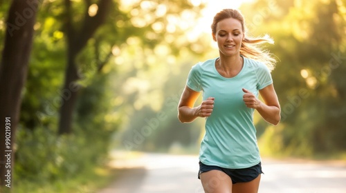 A woman runs energetically along a tree-lined path during the morning hours, bathed in sunlight, highlighting her dedication to fitness and outdoor activities