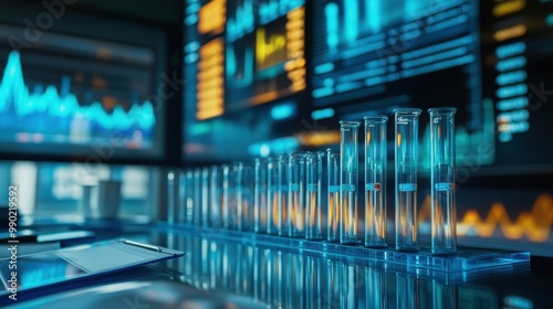 Futuristic laboratory scene with test tubes and digital graphs, symbolizing advanced scientific research and data analysis.