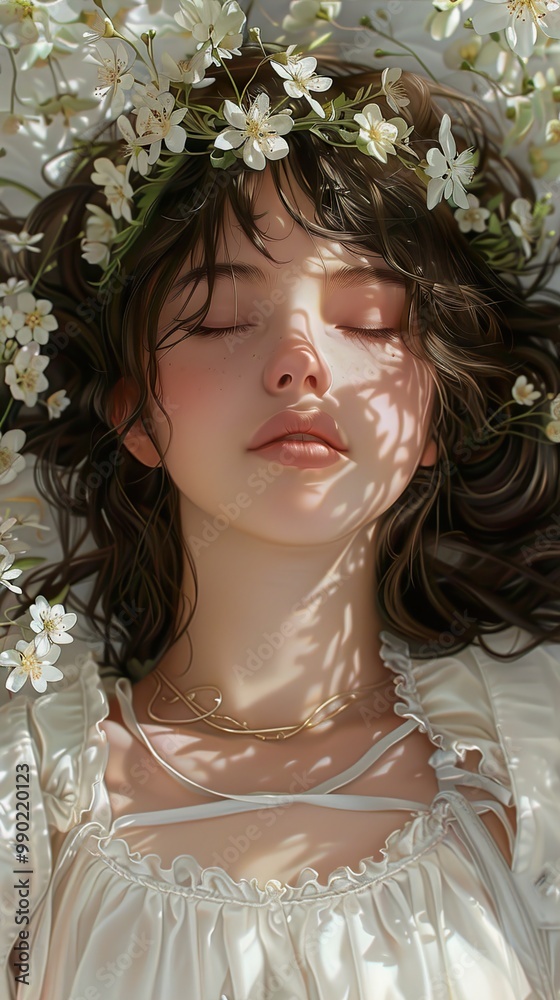 Dreamy Portrait of a Woman with Flowers in Her Hair Dreamy Portrait of a Woman with Flowers in Her Hair