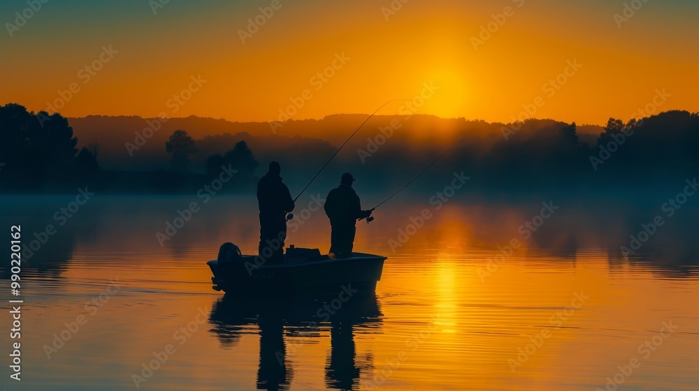 Sunrise Fishing: Two Fishermen Enjoying a Peaceful Morning on the Lake