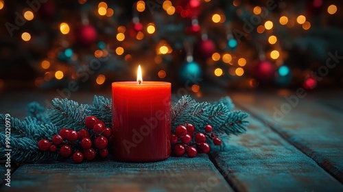 Wooden empty table with candles in front of Christmas tree with ornaments in the background