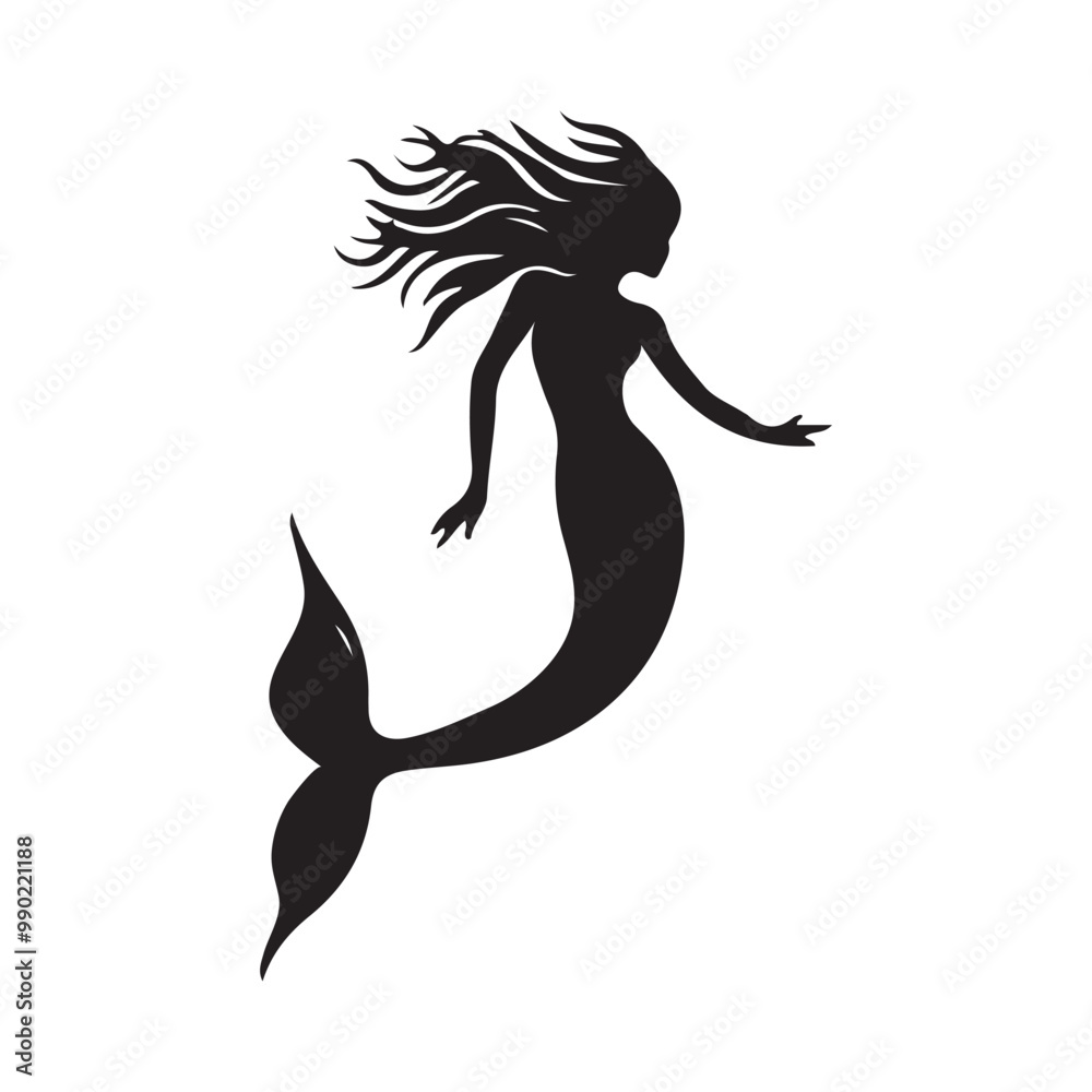 Fototapeta premium Black and white mermaid silhouette, Vector Silhouette of Mermaid