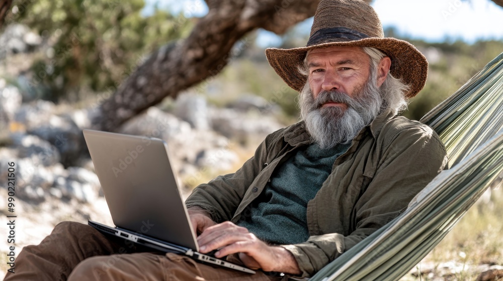 A man working on a laptop while relaxing in a hammock under a tree in a serene outdoor setting during the day A man working on a laptop while relaxing in a hammock under a tree in a serene outdoor setting during the day