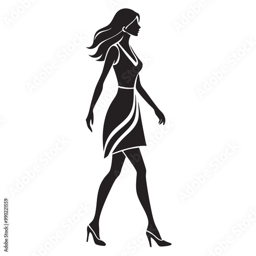 Walking women fashion model side view silhouette vector illustration